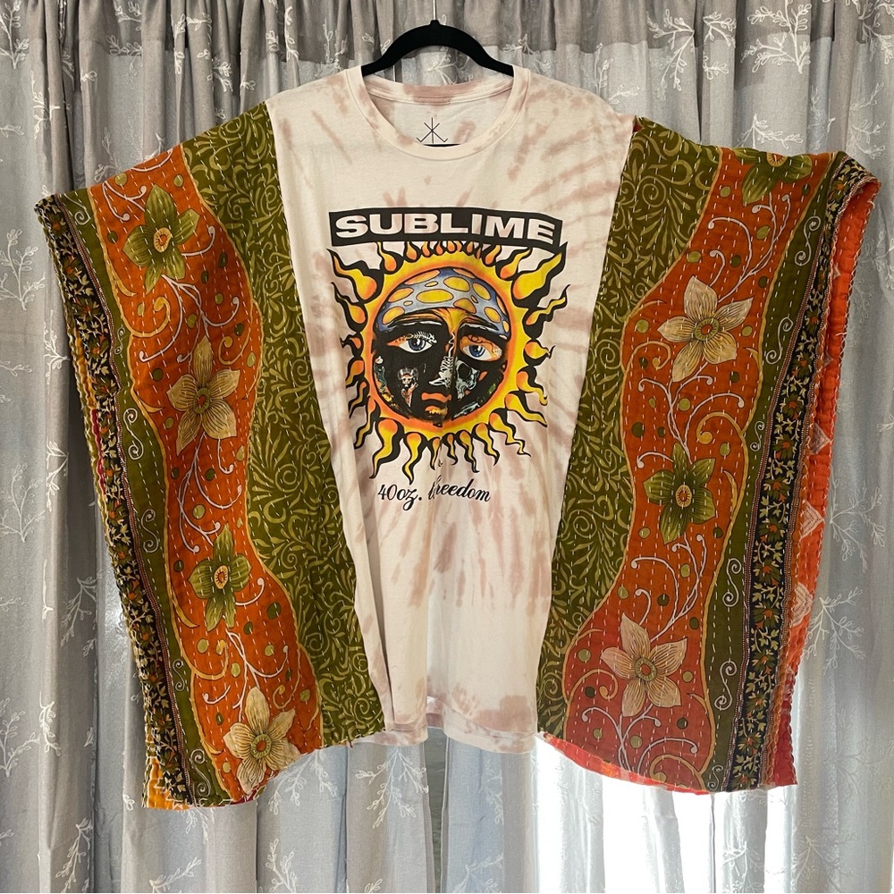 Sublime Graphic T-Shirt with Kantha Kimono Sleeves, Poncho